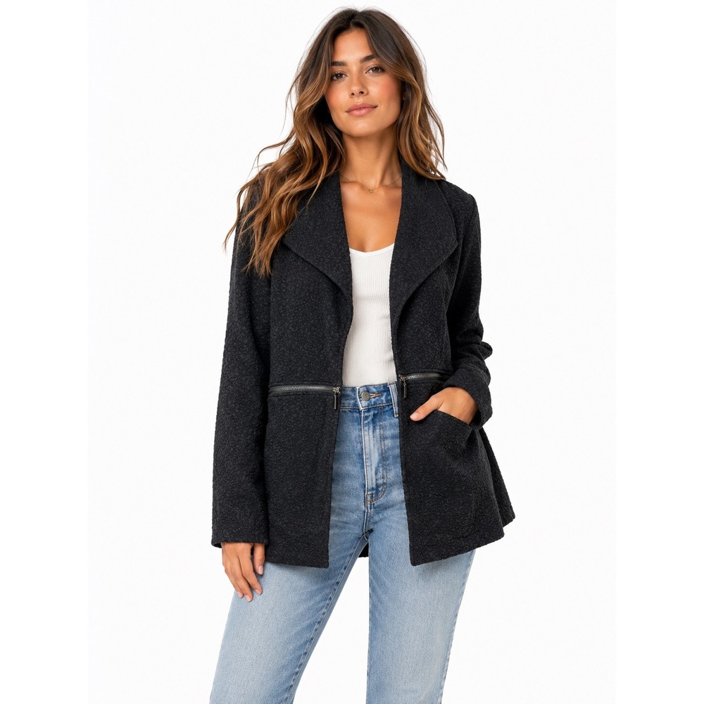 Alfani Open Front Jacket Womens XL Black Textured Zip Detail Blazer Professional